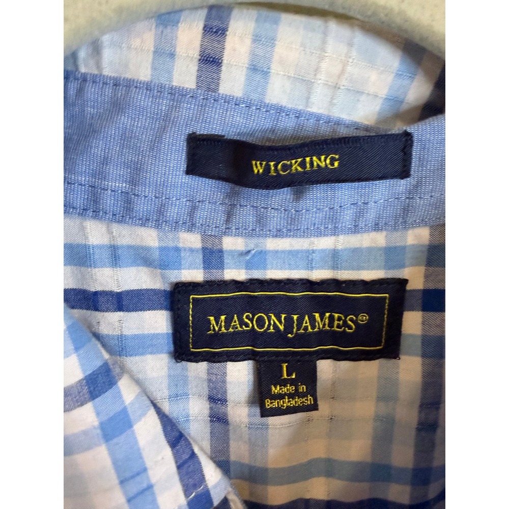 Mason James Mens Blue Plaid Wicking Button Down Shirt Large L Long Sleeve